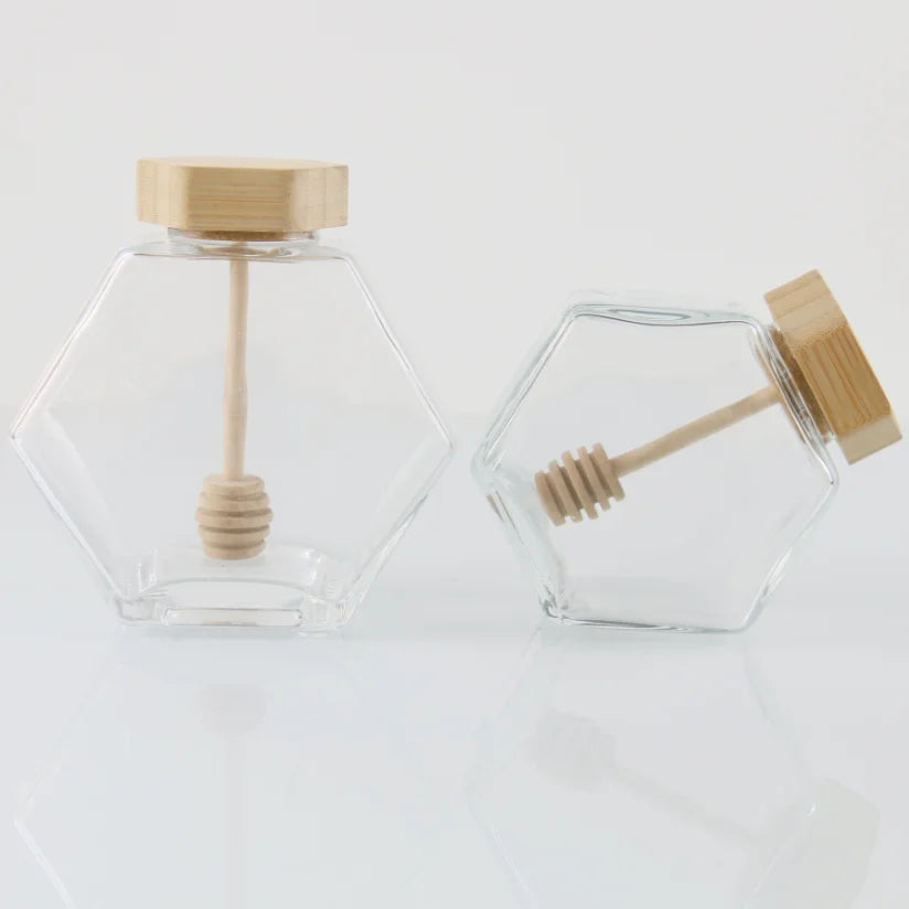 100ml 220ml 380ml Hexagonal Transparent Glass Honey Jar Glass Storage Bottle With Bamboo Cover Stirring Rod