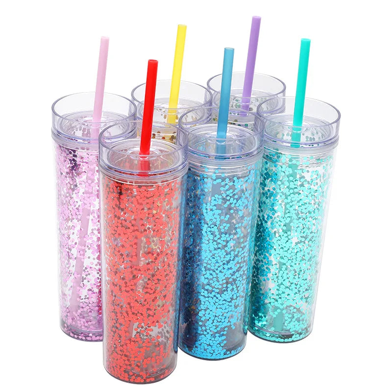 Tumblers Wholesale Bulk 16Oz Double Wall Coffee Cup with Sequins Plastic Colorful Snow Globe Skinny Tumbler with Lid and Straw