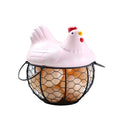 Metal Wire Egg Storage Basket with Ceramic Chicken Top Handles Fruit Snacks Organizer Kitchen Decoration
