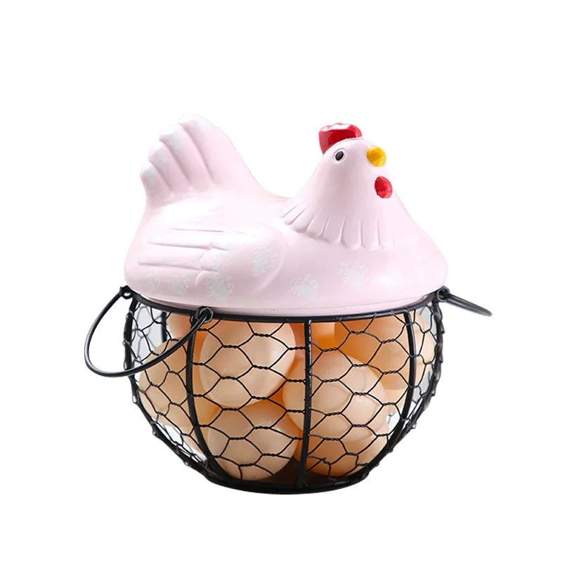 Metal Wire Egg Storage Basket with Ceramic Chicken Top Handles Fruit Snacks Organizer Kitchen Decoration