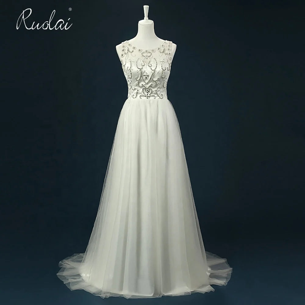 Ruolai QW01771 A-line Beaded Scoop Lace Wedding Dress Backless Sweep Train Bridal Gown for Women