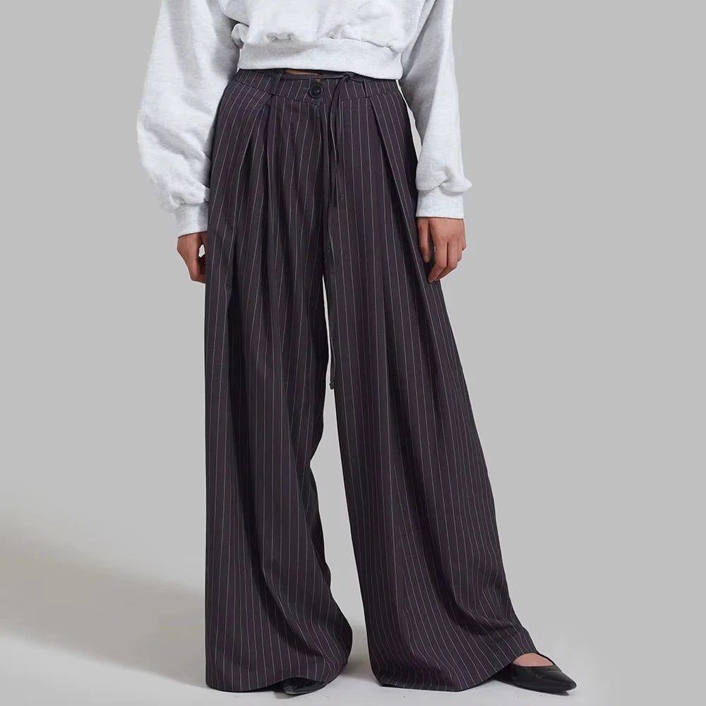 Enyami Wholesale Stripes Suit Trousers Loose Lace-up Waist Classic Fashion Casual Comfortable Black Pleated Stripe Pants