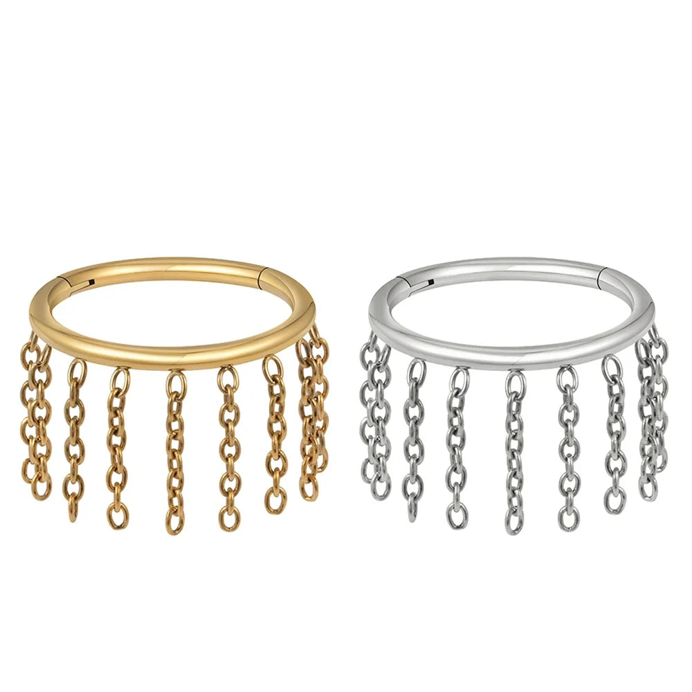 ASTM F136 Titanium G23 Hinged Segment Clicker Septum Nose Ring with Tassel Chain Cartilage Earring Helix Lobe Piercing
