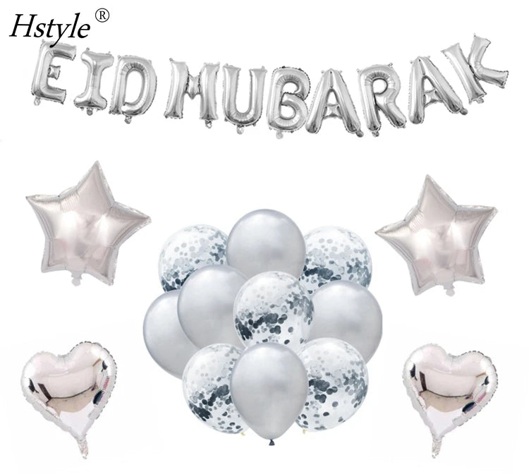 Eid Mubarak Silver Foil Mylar Balloon Banner for Ramadan Eid Party Decorations Ramadan Mubarak Party Supplies SET0562