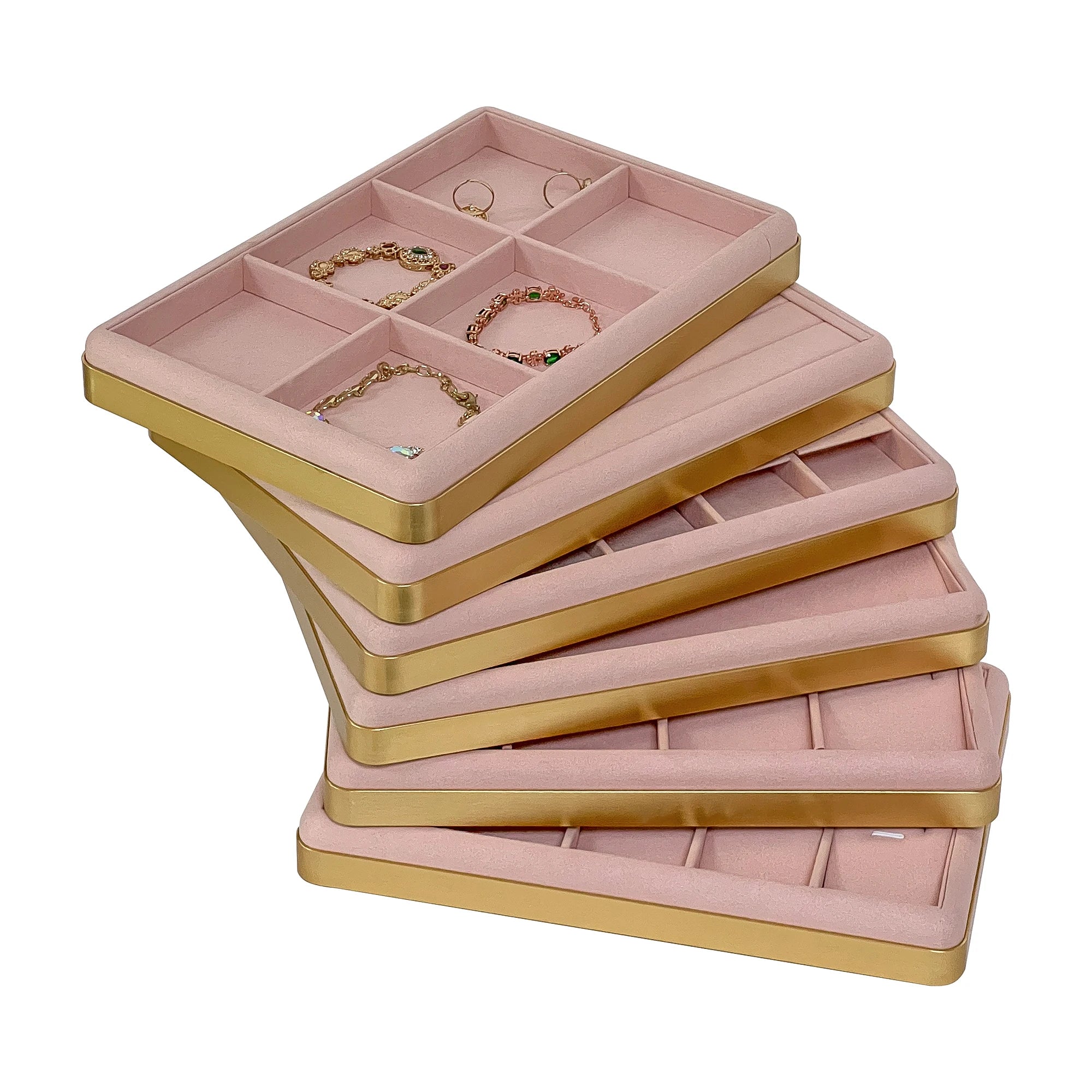 Pink Custom LOGO Store Ring Bracelet Chain Display Velvet Stackable Metal Jewelry Tray for Shop