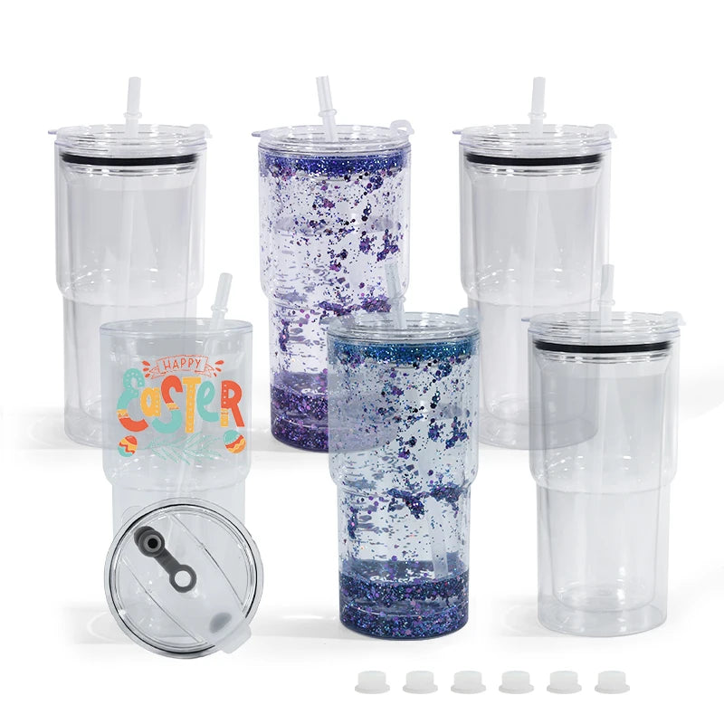Customized Creative 18oz Double Wall DIY Clear Plastic Snow Globe Regular Shaped Cups With Pre-drill Hole and Stopper for Gift