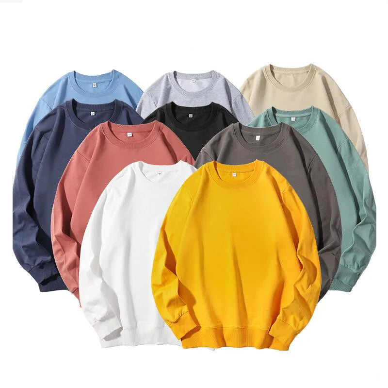 RNSHANGER Men Cotton Spring Autumn Solid Color O-neck Sweatshirt Universal Simple Casual Pullover Couple Long Sleeve T-shirt