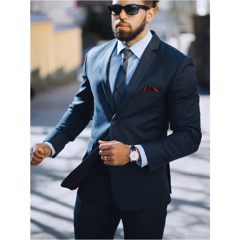 2025 Tailor Made Dark Blue 2 Pieces Slim Men Suits for Groom Party Tuxedo 2 Pieces for Prom Wedding Business Men's Formal Wear