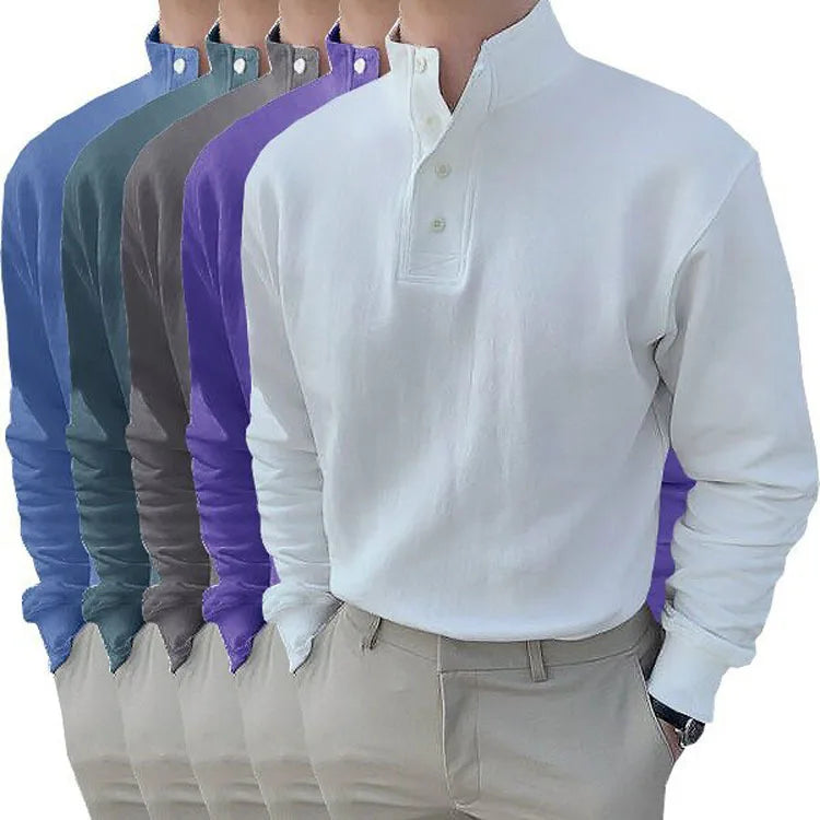 Men's Casual Button Solid Color Long-Sleeved Henley Shirt Breathable All-Match Pullover for Autumn Winter Self-Cultivation
