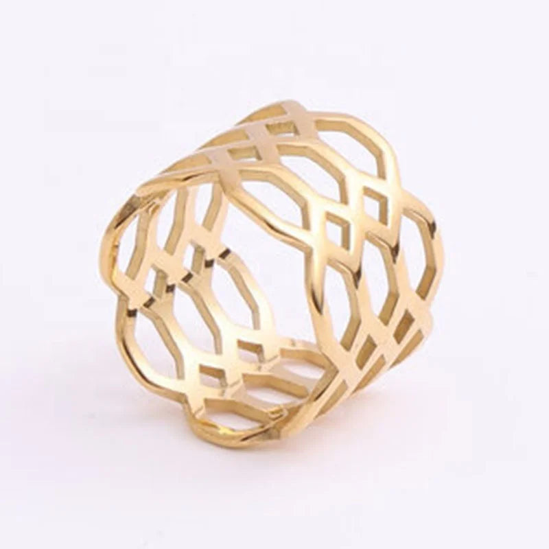 18k Gold Plated Stainless Steel Women Dainty Minimalist Fashion Jewelry Wide Hollow Mesh Ring