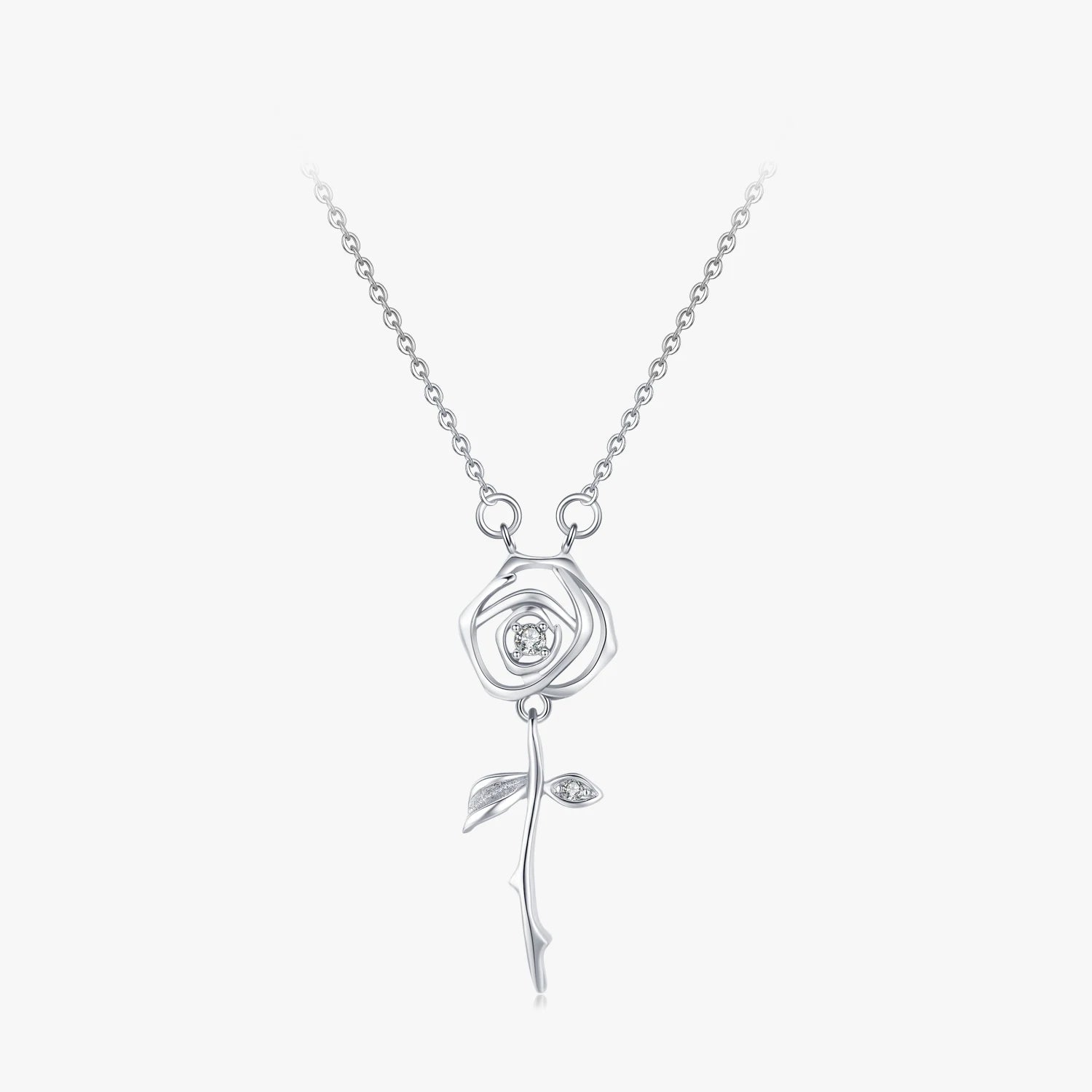 Ailmay Fashion 925 Sterling Silver Charm Rose Flower Pendant Clear Zircon Necklace for Women Romantic Wedding Jewelry
