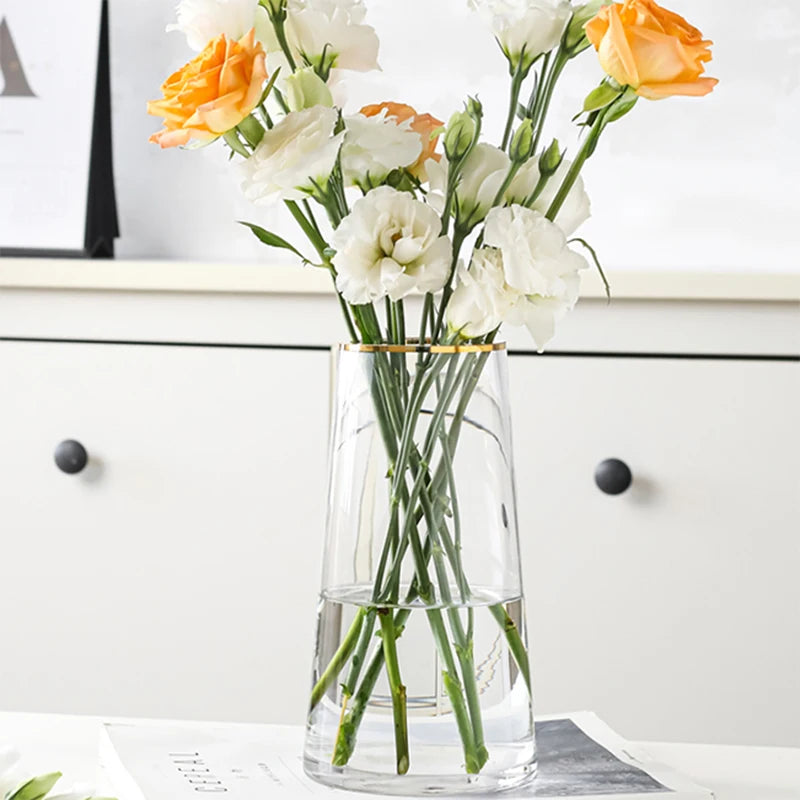 Modern Home Wedding Decor Hand-Painted Real Gold Crystal Cylinder Glass Flower Vase Simple Luxury Gold Rim Tabletop Vase