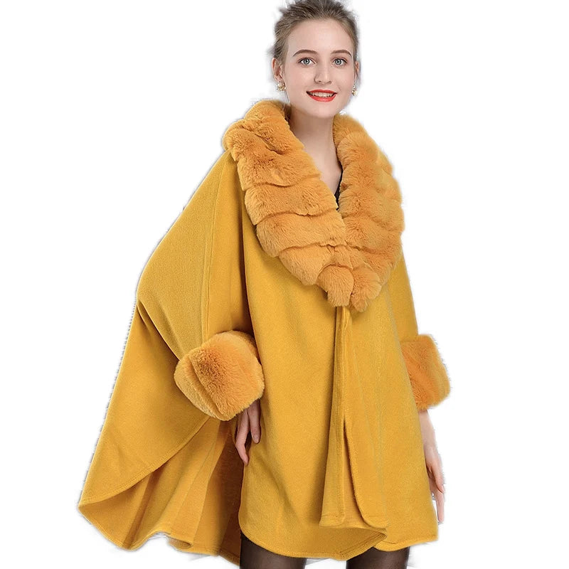 Big Size Fur Collar Women Capes High Quality Faux Fur Trim Winter Ponchos Wholesale Fur Fashion Cloaks