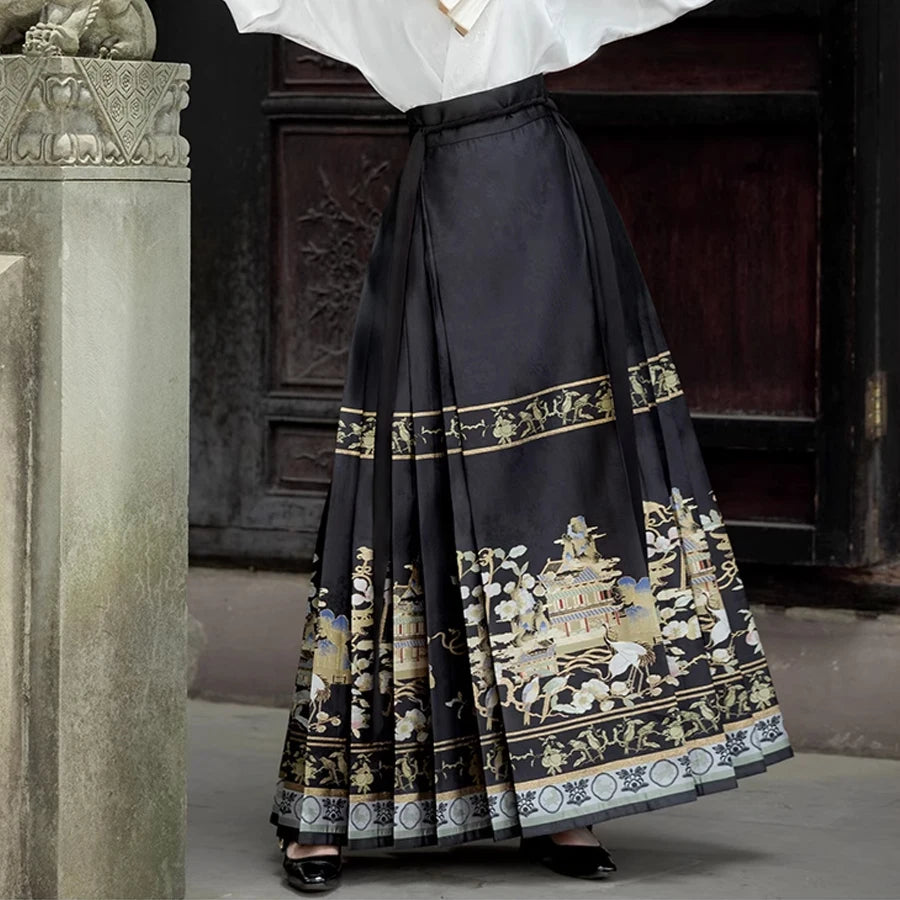 Spring Summer New Chinese Style Retro One Piece Improved Hanfu A-line Pleated Skirt for Women