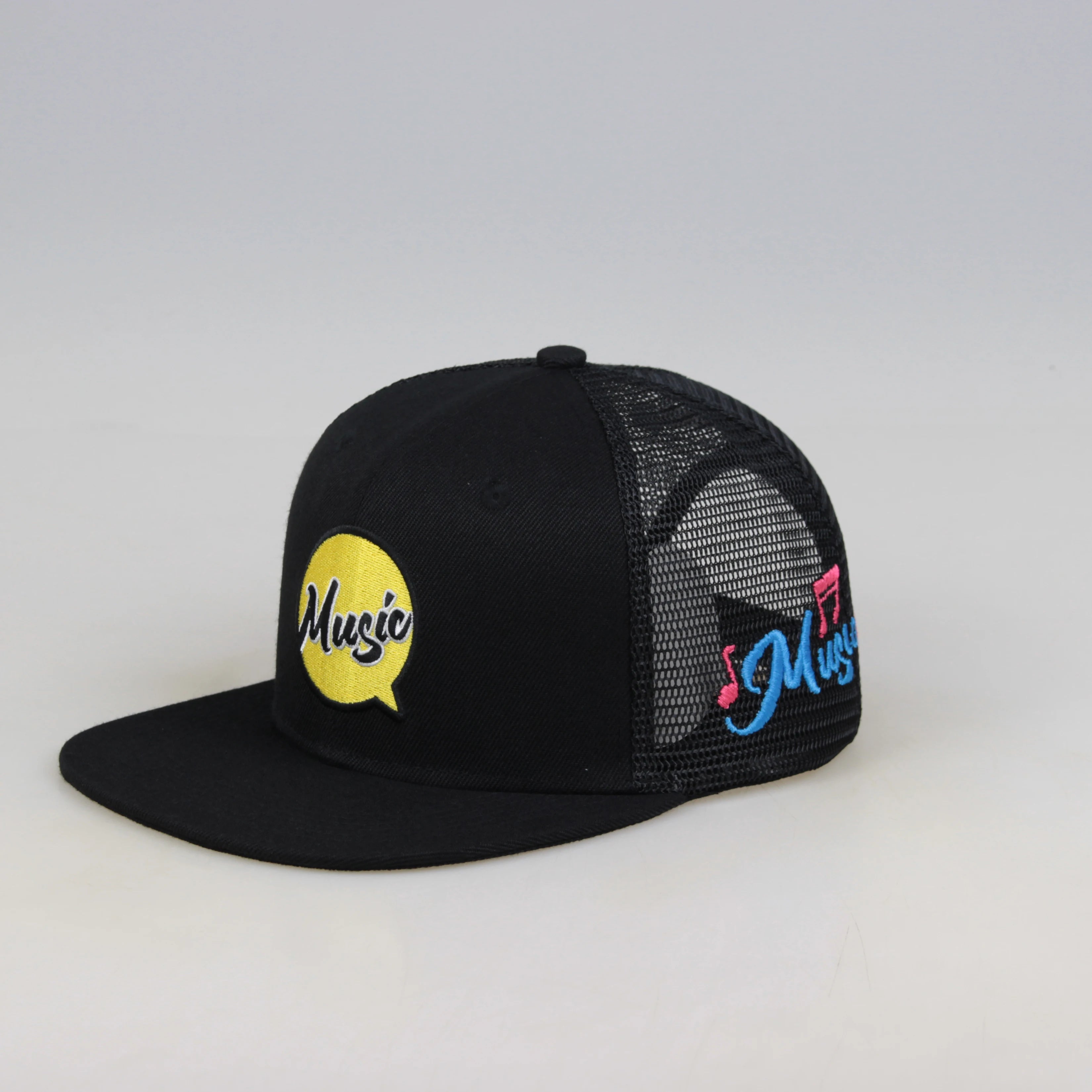 6 Panel Unisex Sports Fitted Hat Black Custom Embroidery Logo Velour/Fleece Mesh Snapback Cap for Outdoor Use