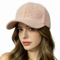 Custom logo Bling Rhinestones Winter Fuzzy Baseball Cap Shiny Warm Mohair Knitted Baseball Hat for Women