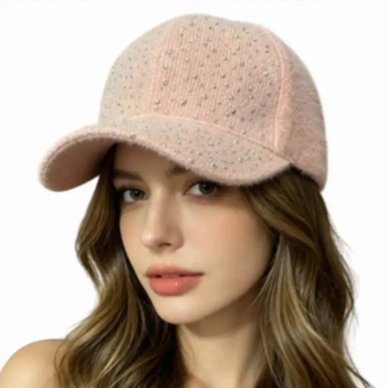 Custom logo Bling Rhinestones Winter Fuzzy Baseball Cap Shiny Warm Mohair Knitted Baseball Hat for Women