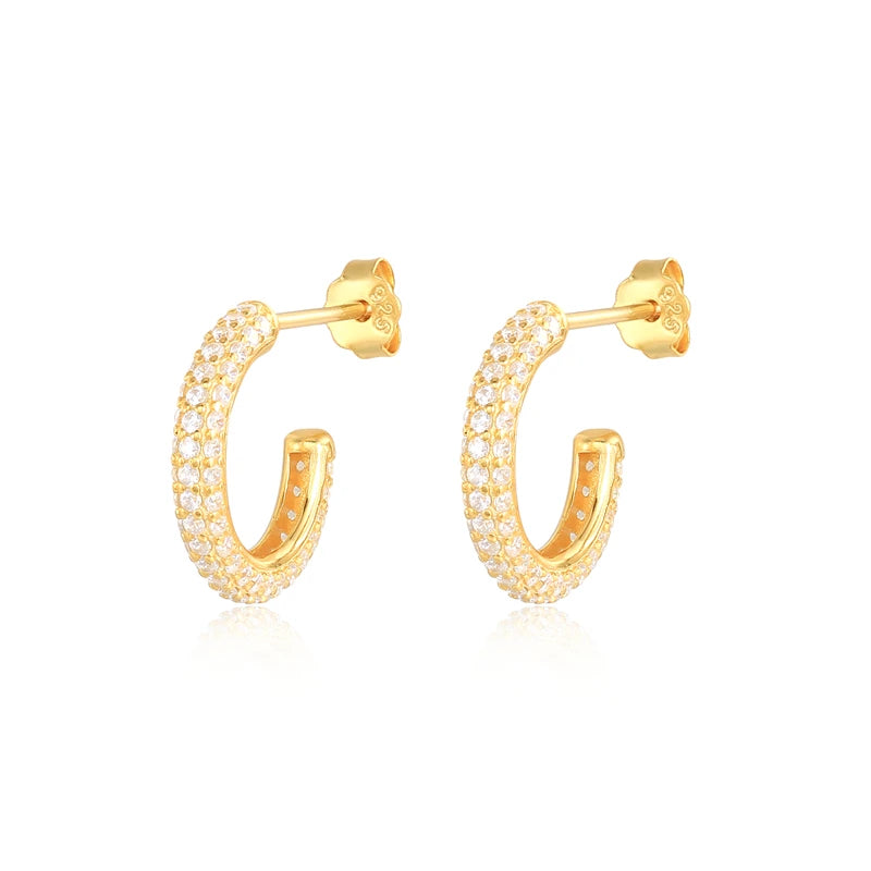 Pair S925 Sterling Silver Elegant Luxury CC Multi-row Inlaid Stone Trend Hoop Stud Earrings