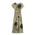 2025 Fall Midi Dress for Women Satin Texture Women Pleated Dress Floral Print Dress