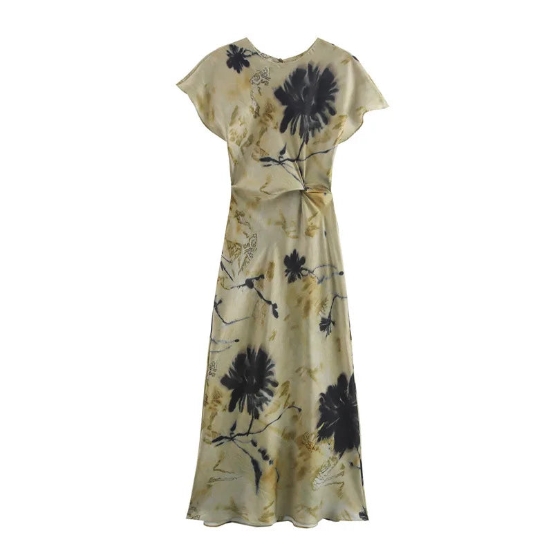 2025 Fall Midi Dress for Women Satin Texture Women Pleated Dress Floral Print Dress