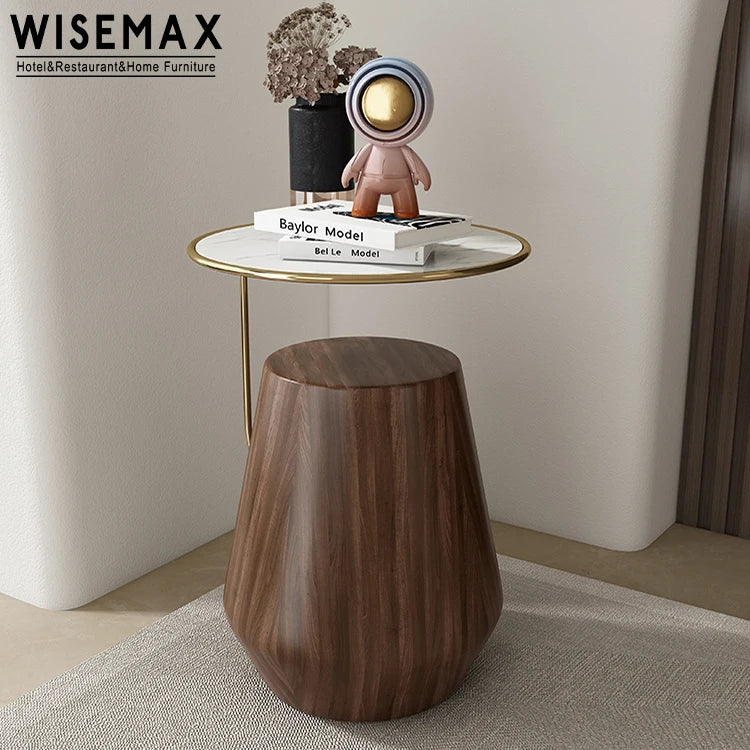 WISEMAX FURNITURE Round Shaped Solid Wood Coffee Table Marble Top Modern Corner Table Living Room Furniture Bed Side Table