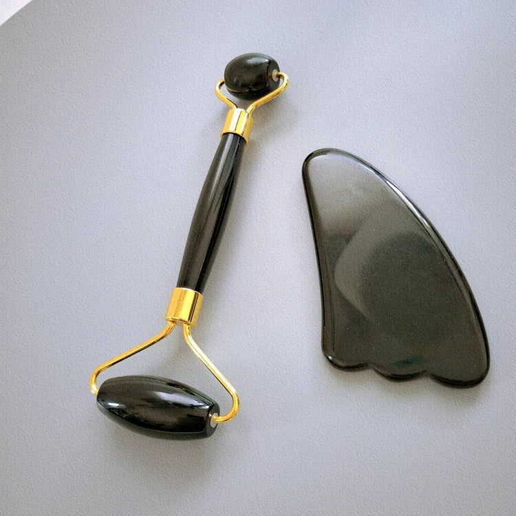 Diy Natural Black ObsidianJade Roller Set Prive Label Slimming Massage Jade Roller Gua Sha Stone Set with Box for Anti Aging
