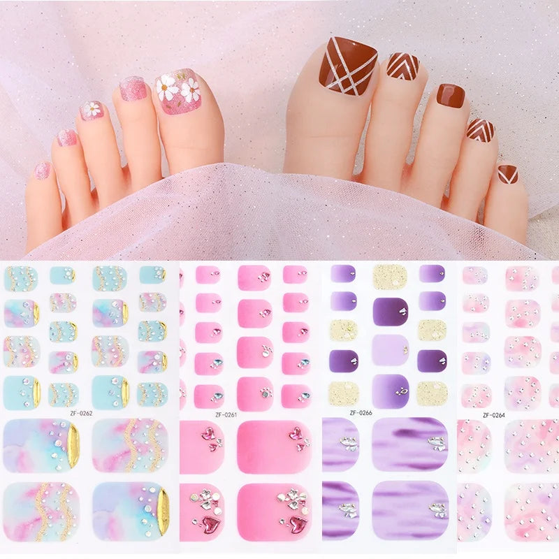 22tips/sheet Waterproof Toe Nail Stickers Full Cover Foot Decals Toe Nail Wraps Adhesive Stickers DIY Salon Manicure False Nails