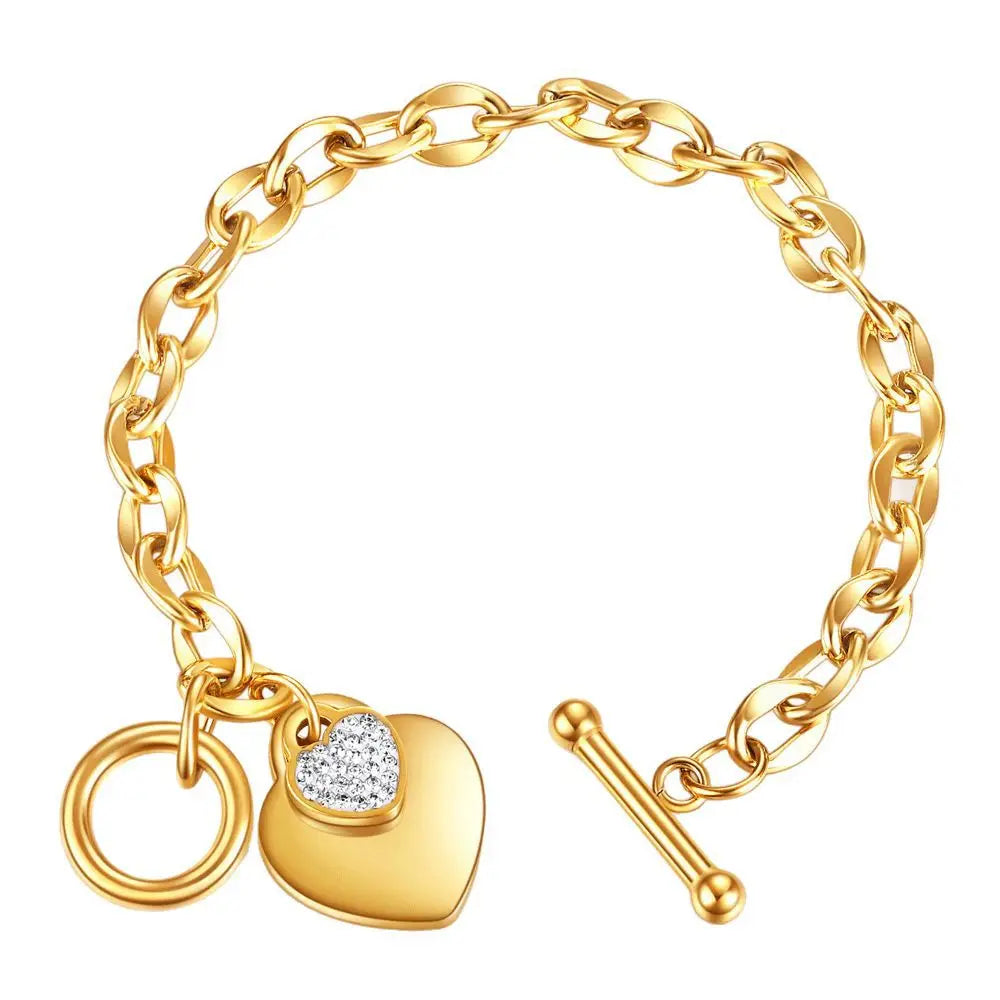 Stainless Steel Chain Link OT Clasp Heart Bracelet Zircon Heart Charm Bracelet