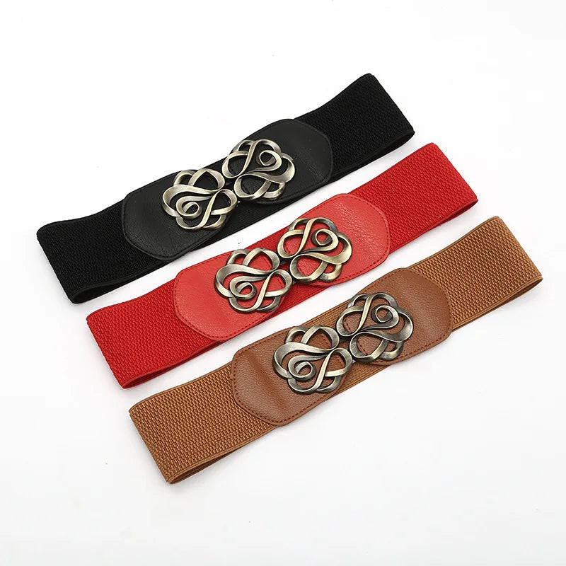 JULUN Waist Belt Ladies Elastic Belt Vintage Belts Women With Antique Flower Buckle Multi-Color Wide Elastic Fashion Accessory