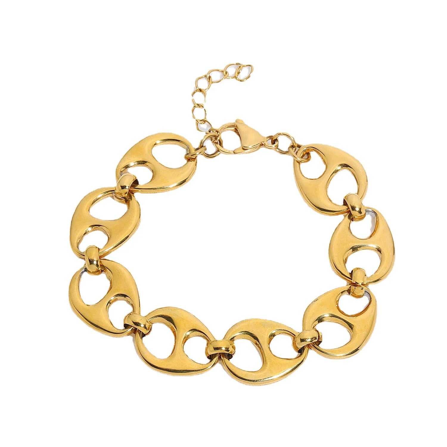 Punk Style 18K Gold Plated Stainless Steel Bracelet Sailor Anchor Chain with Pig Nose Buckle Coffee Bean Charm Chunky Bracelet