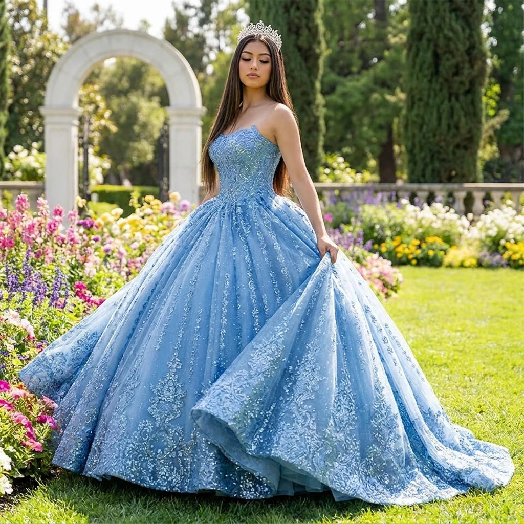 Blue Shiny Quinceanera Dresses Mexican Sweetheart Ball Gown Lace Puffy Off-Shoulder Applique Luxury 6567-1