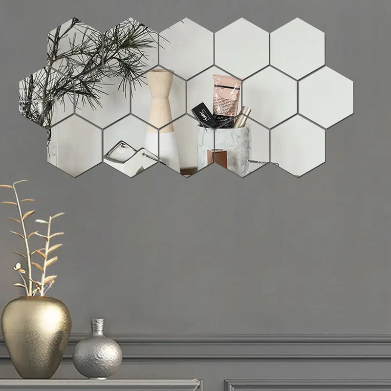 12pcs Modern 3D Hexagon Acrylic Wall Mirror Stickers Self-Adhesive 3D Mirror Wall Art for Home Decoration