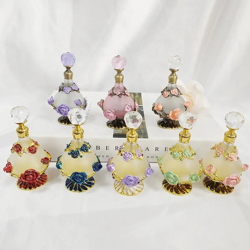 25ml Patented Perfume Bottles Metal Rose Flowers Essential 0il Glass Refillable Attar Bottle Factory Outlet#81171a