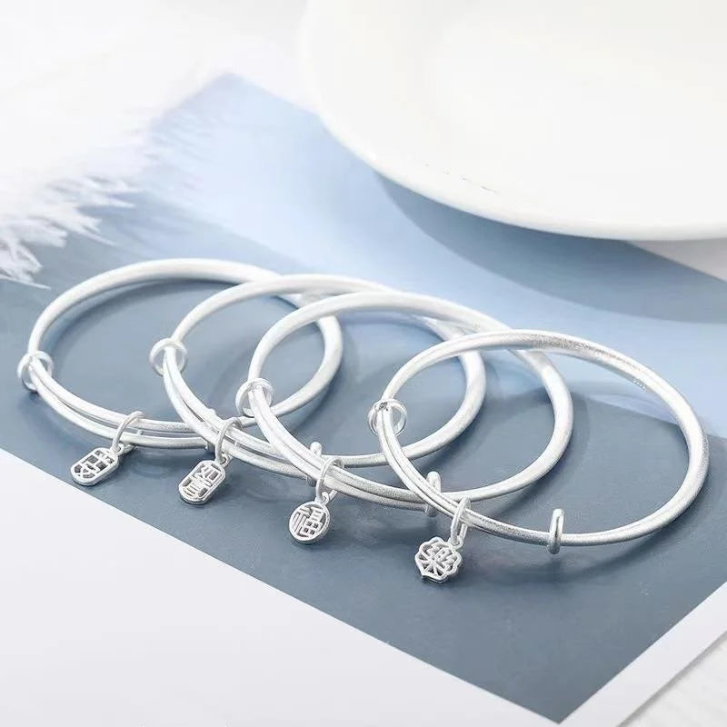 PFT White Copper Silver Plated Trendy Gift Ping an Fu Push-pull Sand Face Cuff Bracelet for Women Solid Fu Brand Jewelry MegaBDM