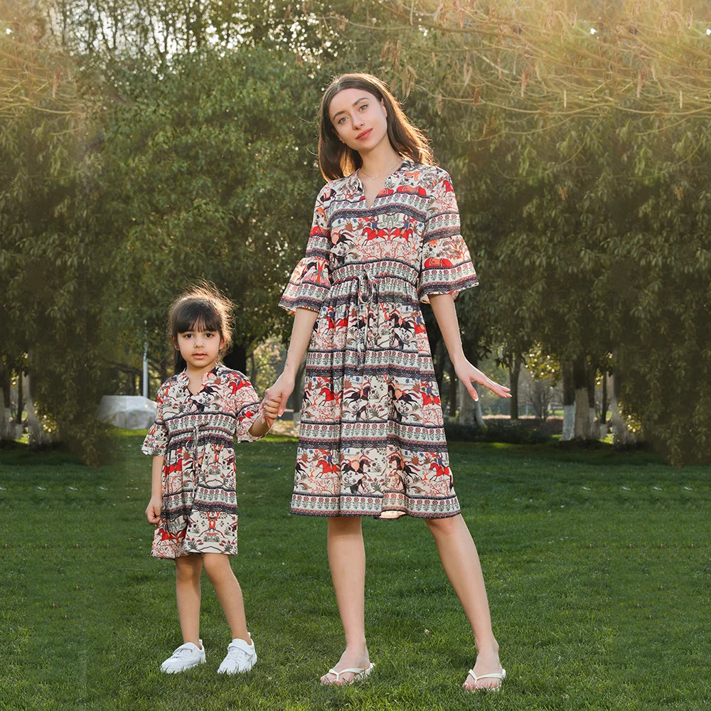 Family Matching Clothes Short Sleeve Maxi Dress Mother and Daughter Dresses Set Outfits Mommy and Me Clothes
