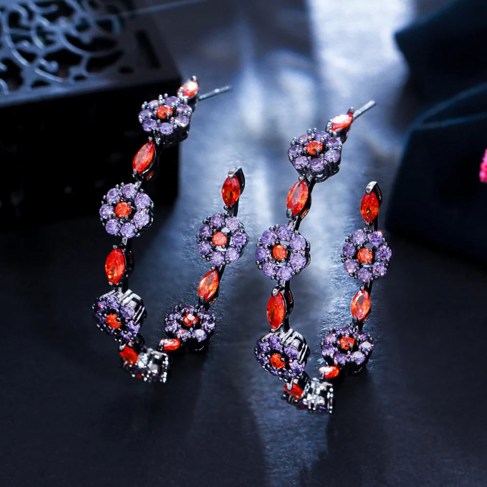 Elegant Purple Red Cubic Zirconia Crystal Flower Large Round Circle Hoop Earrings for Women Luxury Chic Jewelry