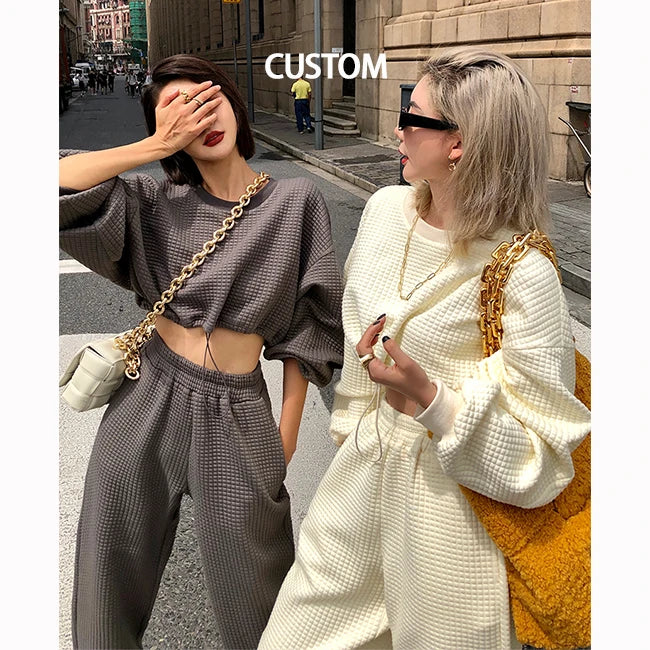 859 2025 Custom Crop Top Space Cotton Fabric Women Sweatshirt Sets Fashion Lady Streetwear Hoodie Sets Women