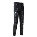 Wholesale Men's Designer Ripped Distressed Jeans Black Leather Star Patch Slim Fit Casual Hombre Trousers Hip Hop Style Washed