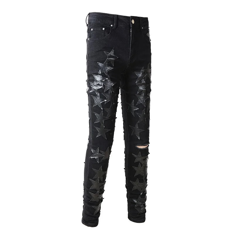Wholesale Men's Designer Ripped Distressed Jeans Black Leather Star Patch Slim Fit Casual Hombre Trousers Hip Hop Style Washed