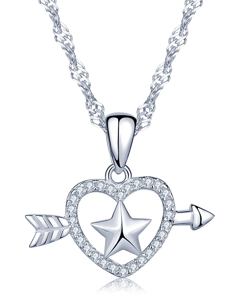Hollowed Out an Arrow Through the Heart Inlaid Stone Wrap Pentagon Heart S925 Sterling Silver Pendant for Women