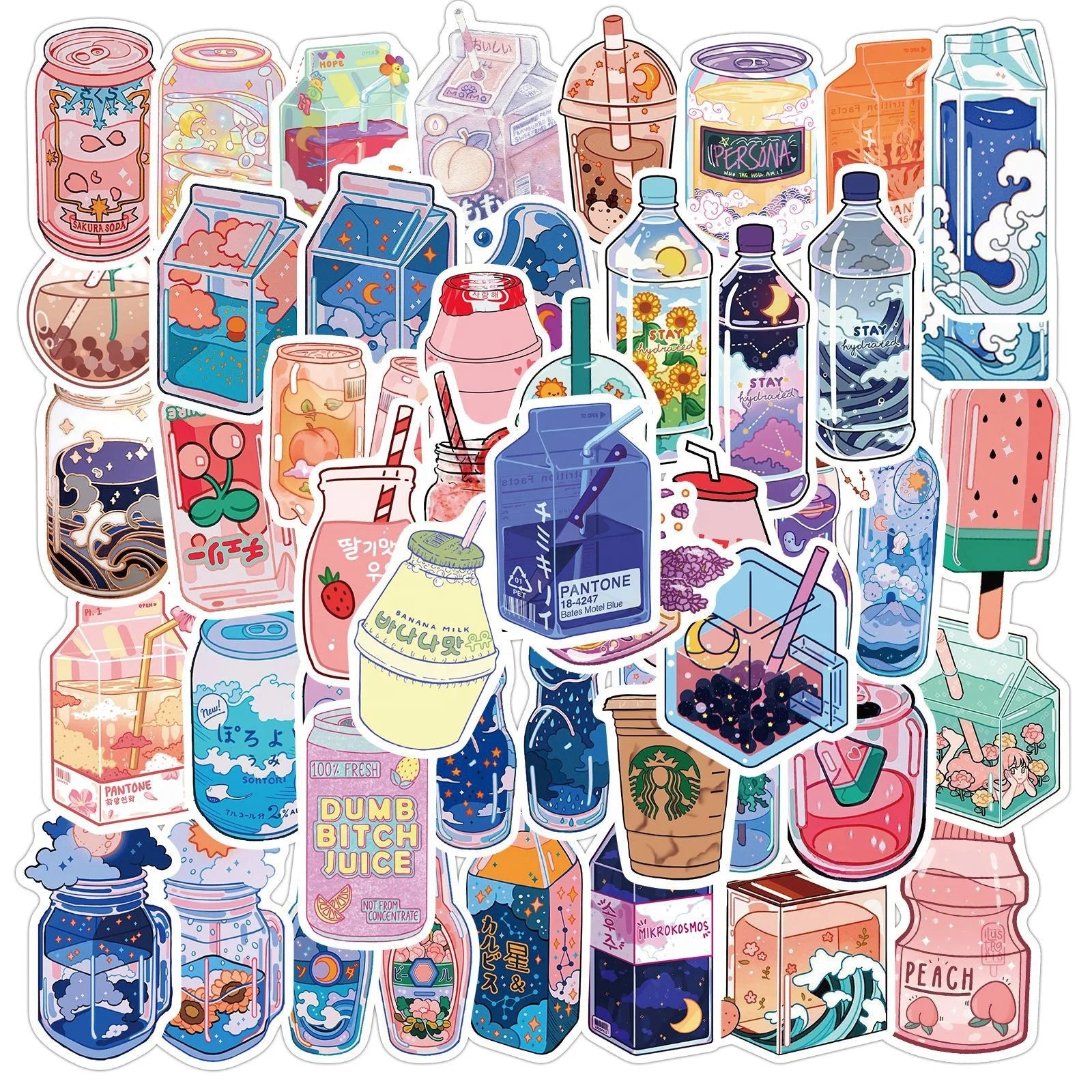 50Pcs INS Fresh Cute Drinks Soda Bottle Colorful Label Girl Milk Tea Table Fridge Notebook Luggage Laptop Washi Stickers