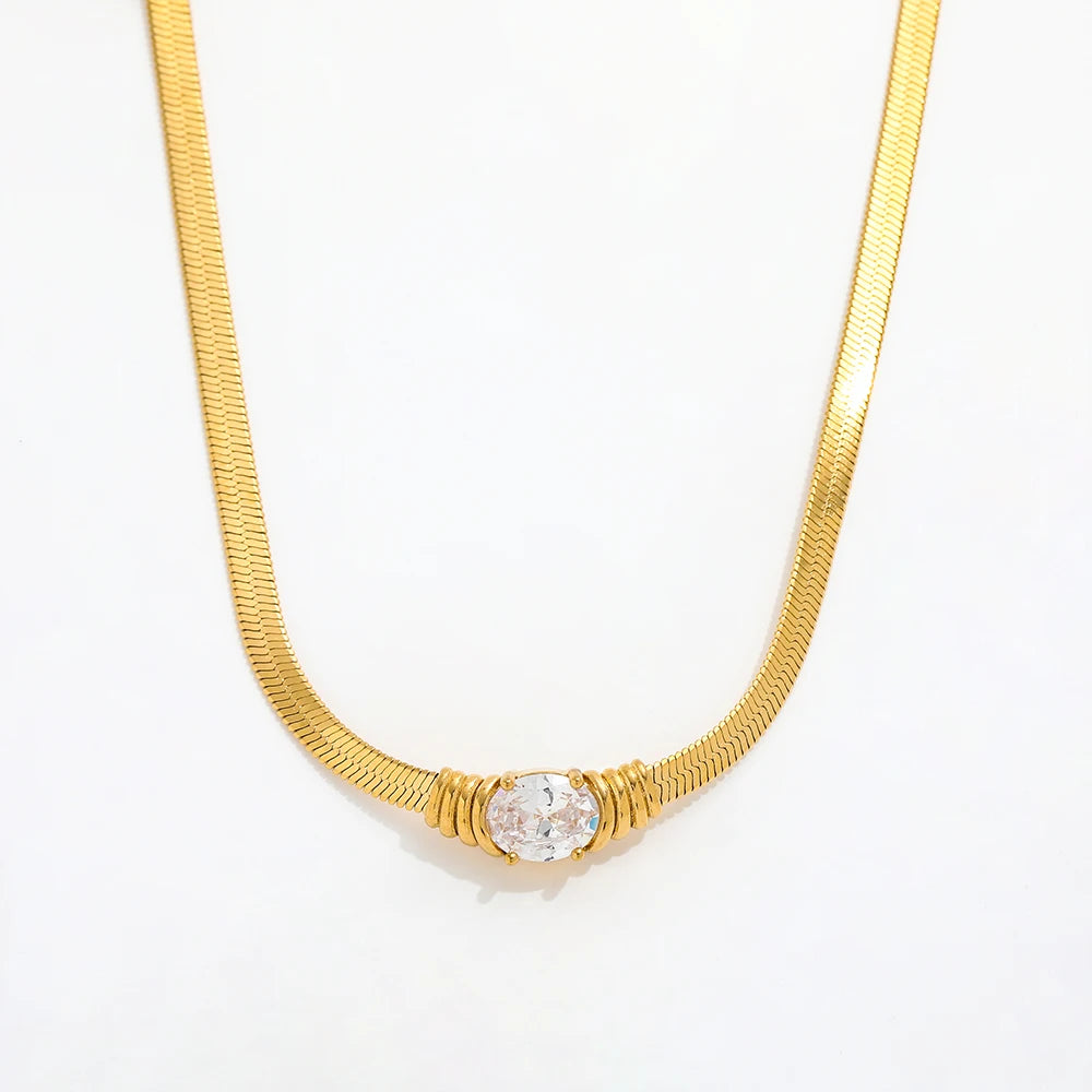 Joolim Jewelry 4MM Herringbone Oval Zirconia Pendant Necklace Waterproof Stainless Steel Snake Chain Necklace