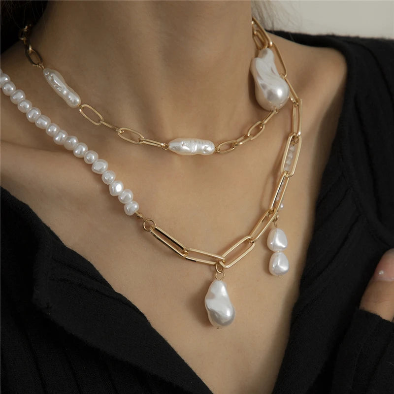 New Arrival Gold Plated Layered Paperclip Chain White Pearl Necklace Big Baroque Irregular Pearl Choker Necklace Set Women