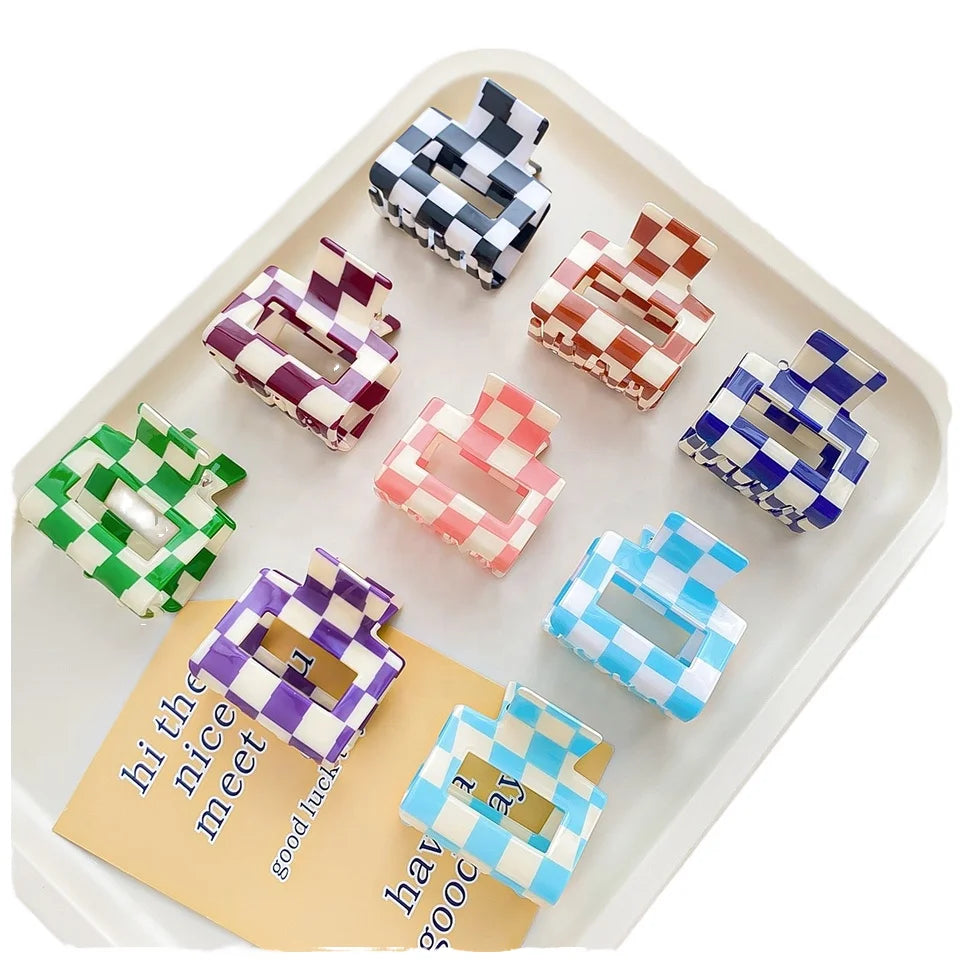 New Color Acetic Acid Checkerboard Claw Clip Women's Medium Temperament Hair Claw Pan Hair Shark Clip Headpiece