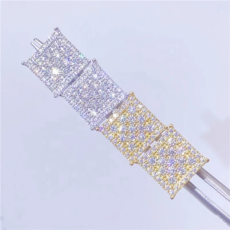Wholesale Women Fine Jewelry Hiphop Square Shape Screw Back Real Round Cut Moissanite Earrings Men