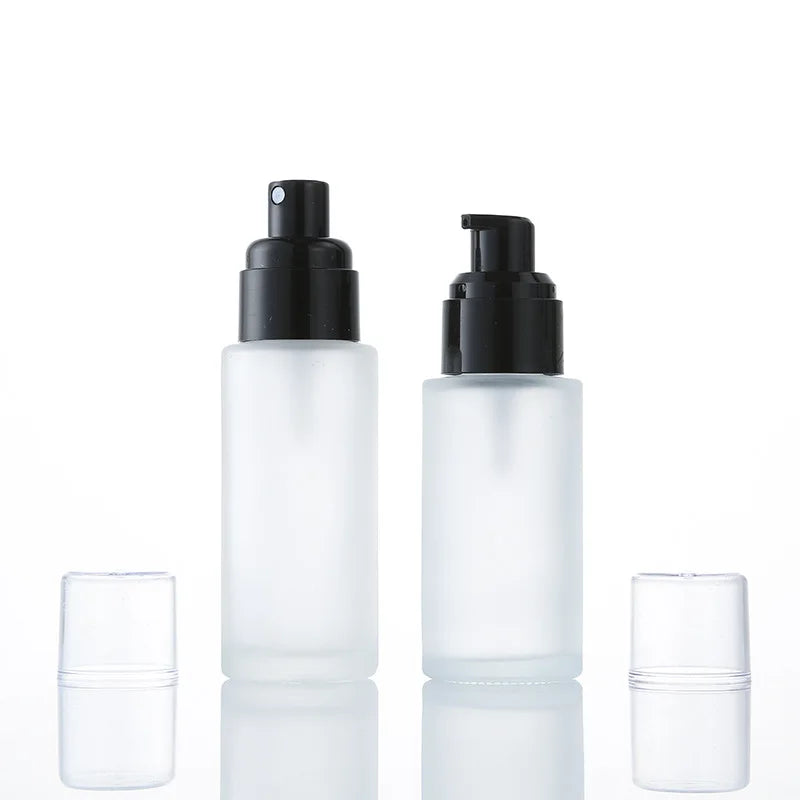 Flat Shoulder Matte Frosted Glass Pump Lotion Bottle 20ml to 100ml Sizes Leak Proof for Skin Care Cream MOQ 100pcs