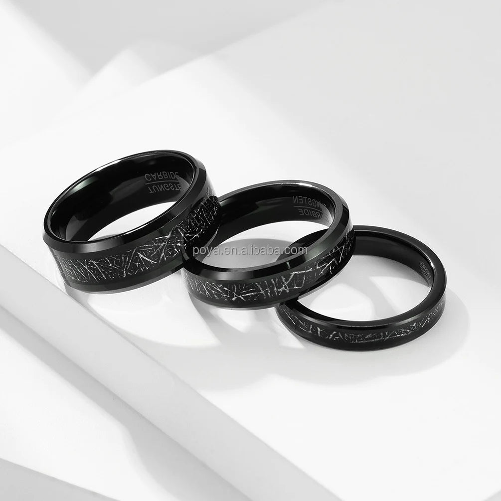 Poya Ready to Ship Couple Wedding Band 4mm 6mm 8mm Meteorite Shaving Inlay Black Plated Tungsten Ring
