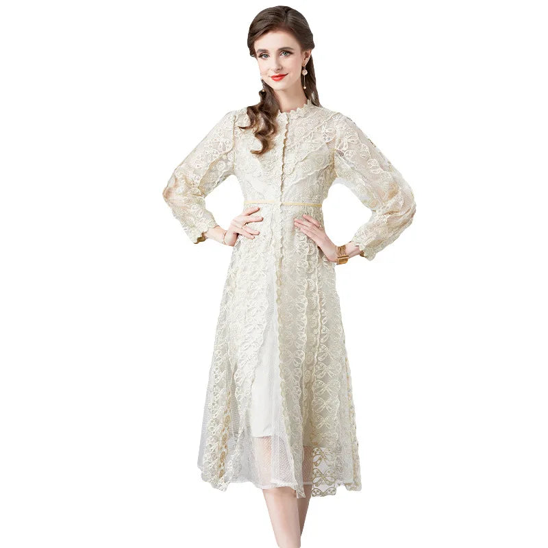 2023 New European and American Women's Wear Waist Wrapped Heavy Work Embroidered Dress
