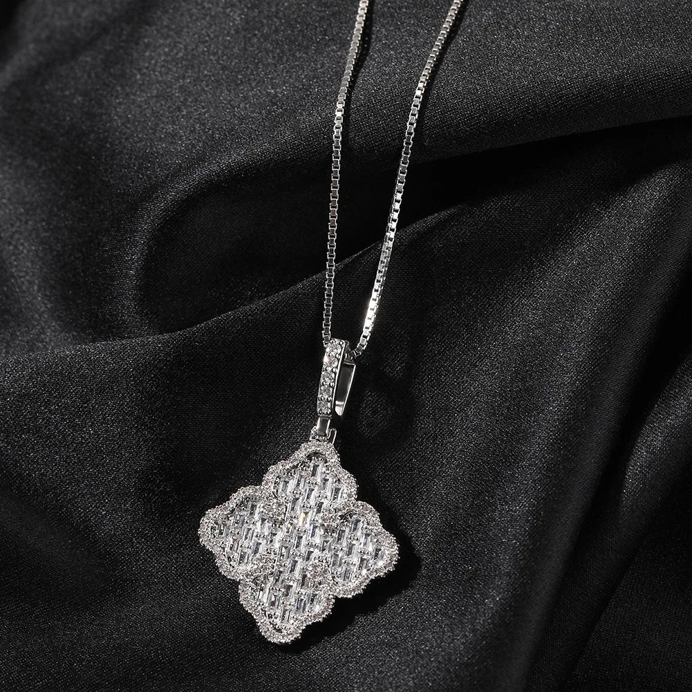 Unisex Gold Plated Flower-Shaped Four Leaf Clover Pendant Necklace Iced out Hip Hop Style with Rhodium Rope Chain