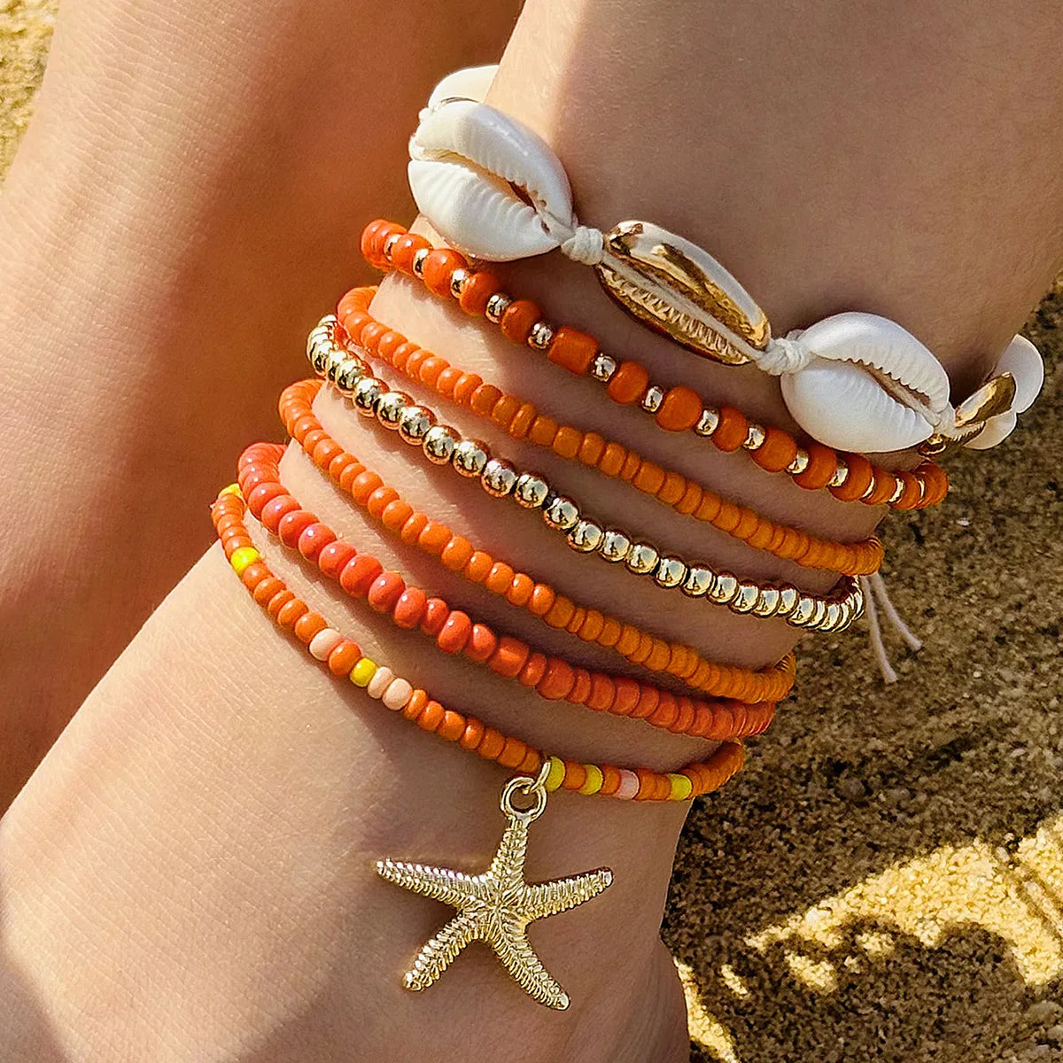 Bohemian Vacation Style Shell Bead Woven Bracelet Beach Style Starfish Rice Bead Seven Piece Set Anklet Wholesale N25205
